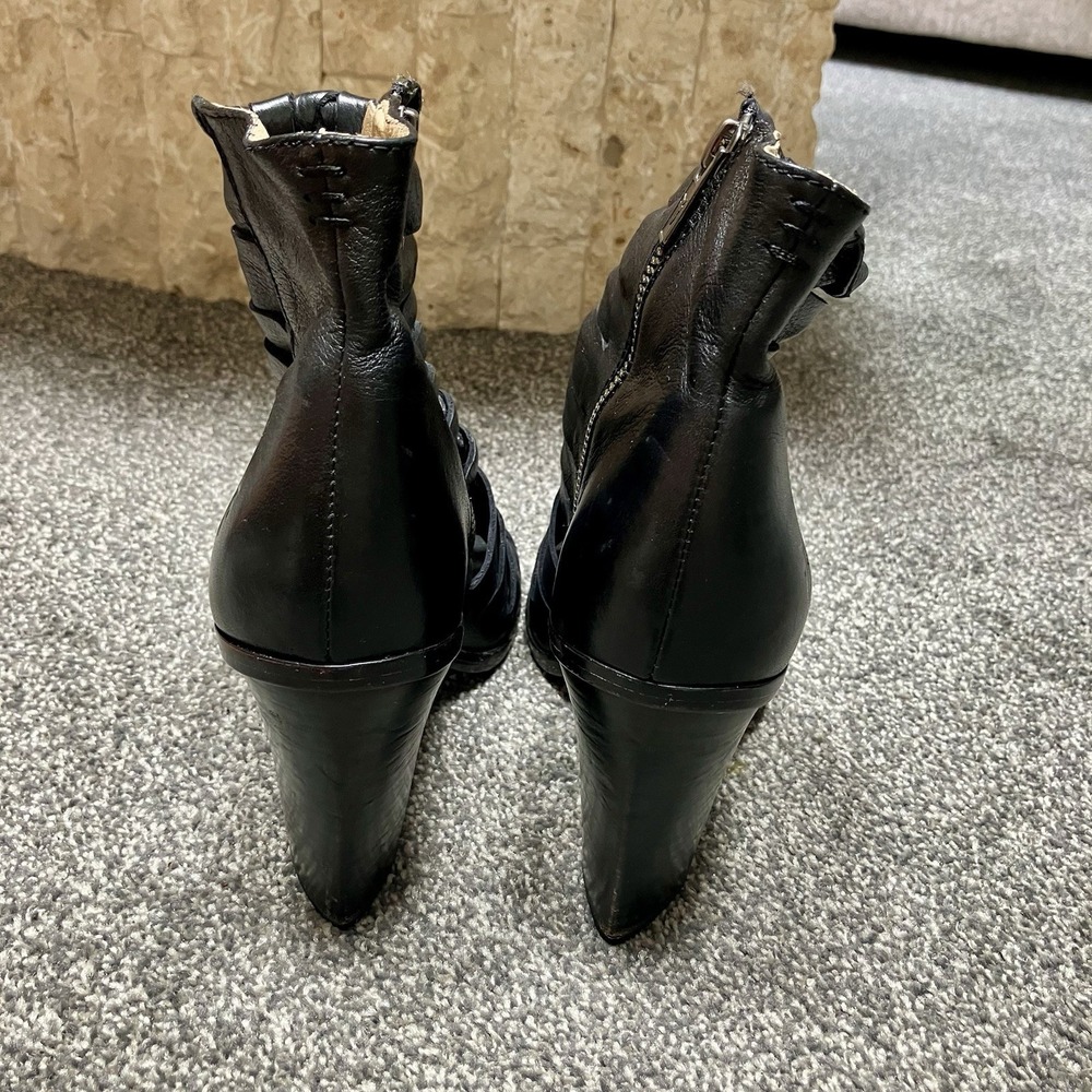 Frye Sofia Size 7 Black Leather Braided Peep Toe Bootie Sandals Block Heel Shoes - Picture 4 of 5